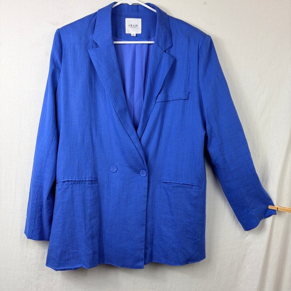 LE LIS Oversized‎ Double Breasted Blazer Sz Small Linen Rayon Boyfriend Blue